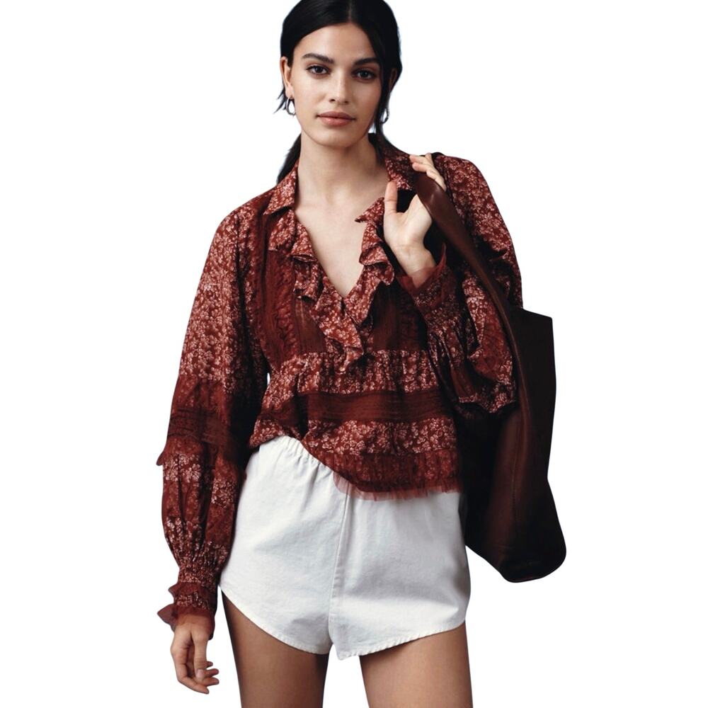 ANTHROPOLOGIE Women’s Boho Red Floral Lace Vneck Long Sleeve Top